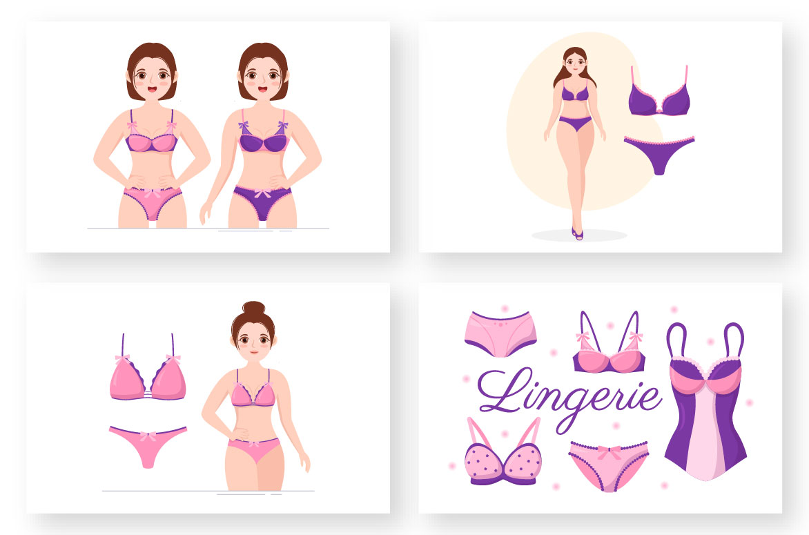 Set of charming cartoon images of girls in stylish lingerie.