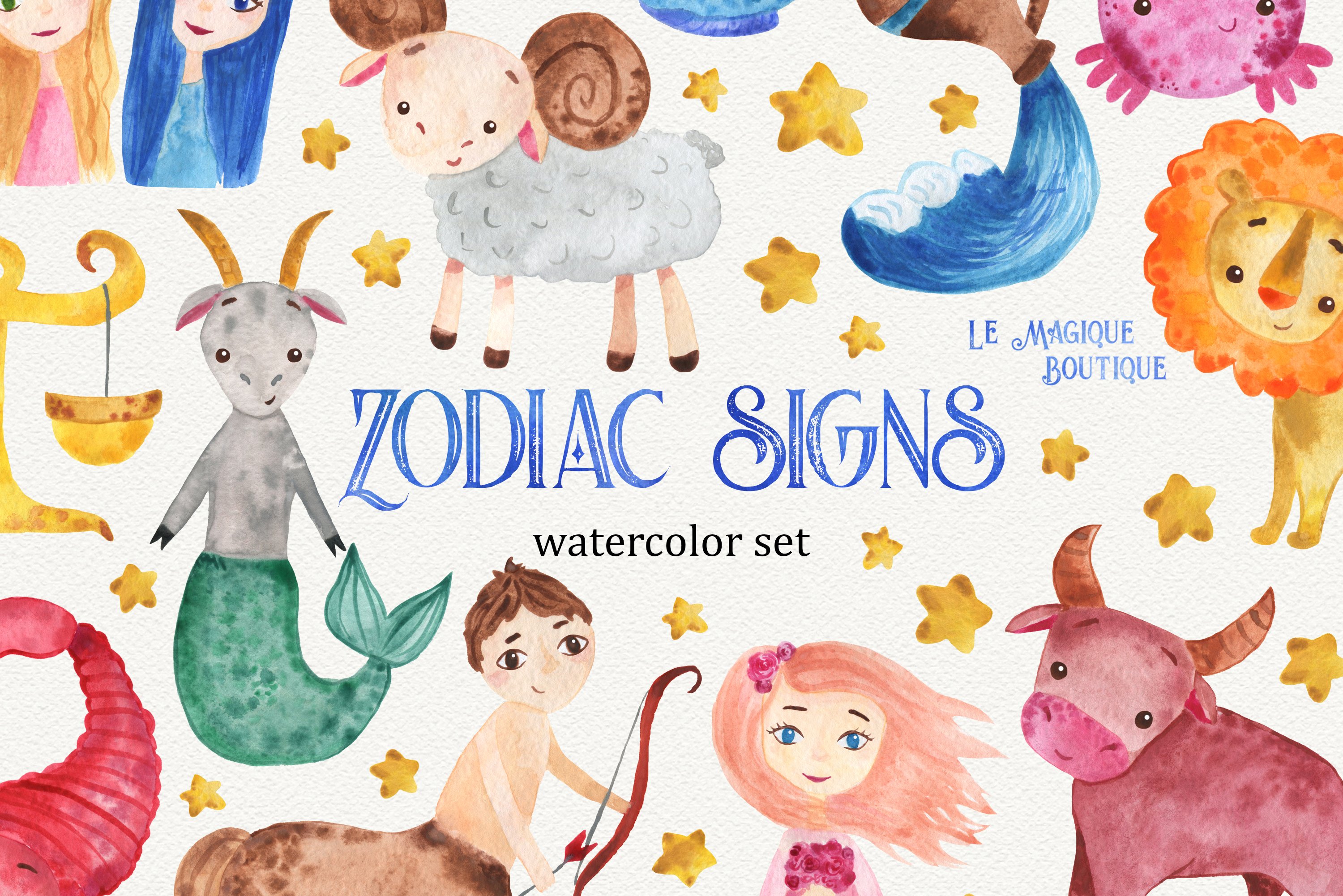 Watercolor colorful zodiac collection.