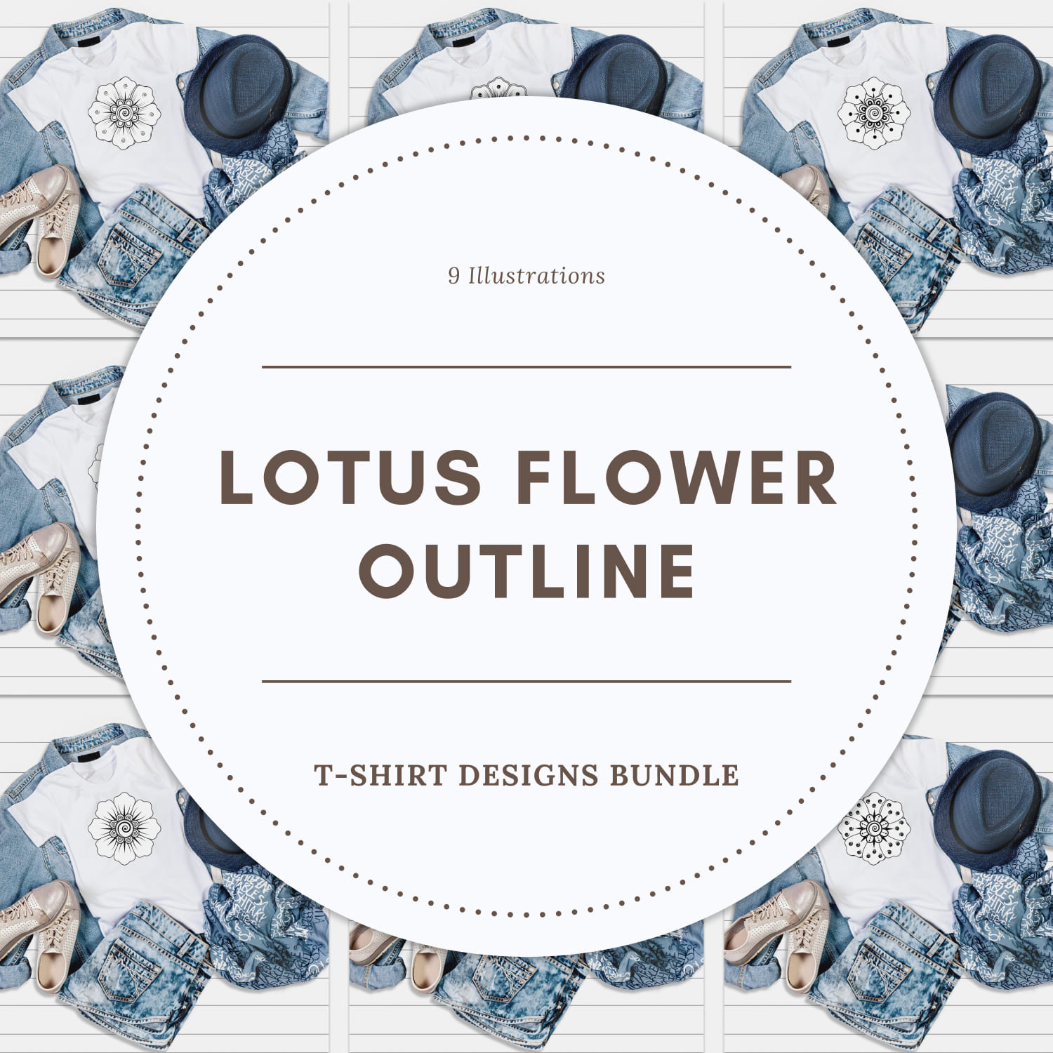 Lotus Flower Outline T-shirt Designs Bundle.