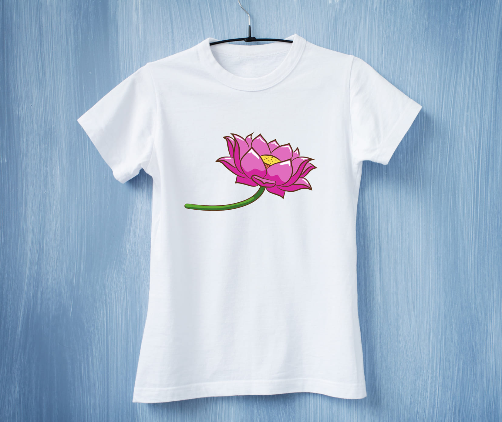 Minimalistic red lotus on a white t-shirt.