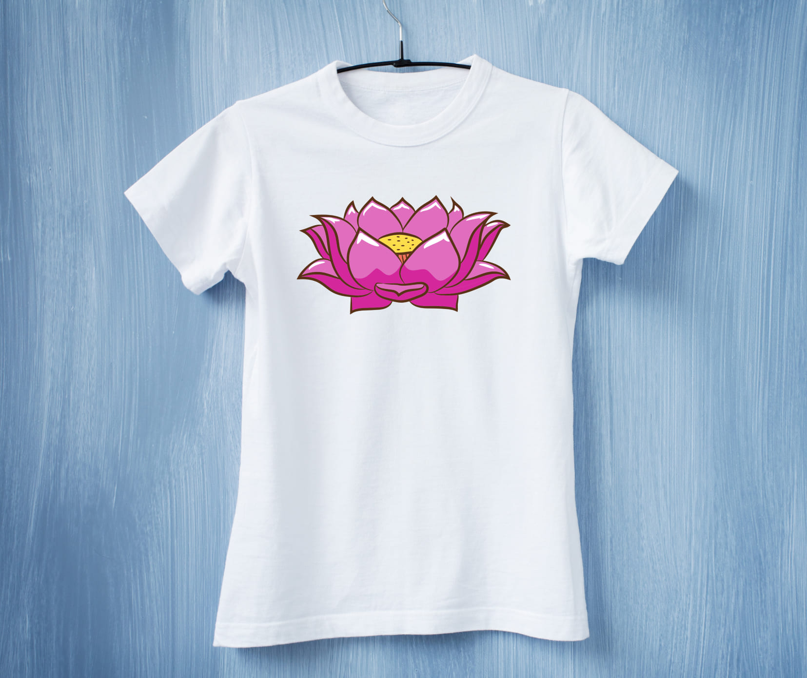 Big red lotus flower on the white t-shirt.