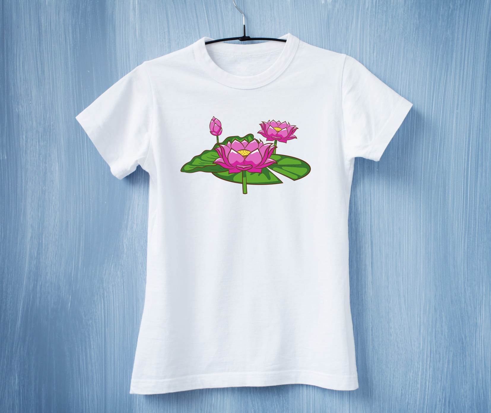 Some beautiful lotuses on the white t-shirt.