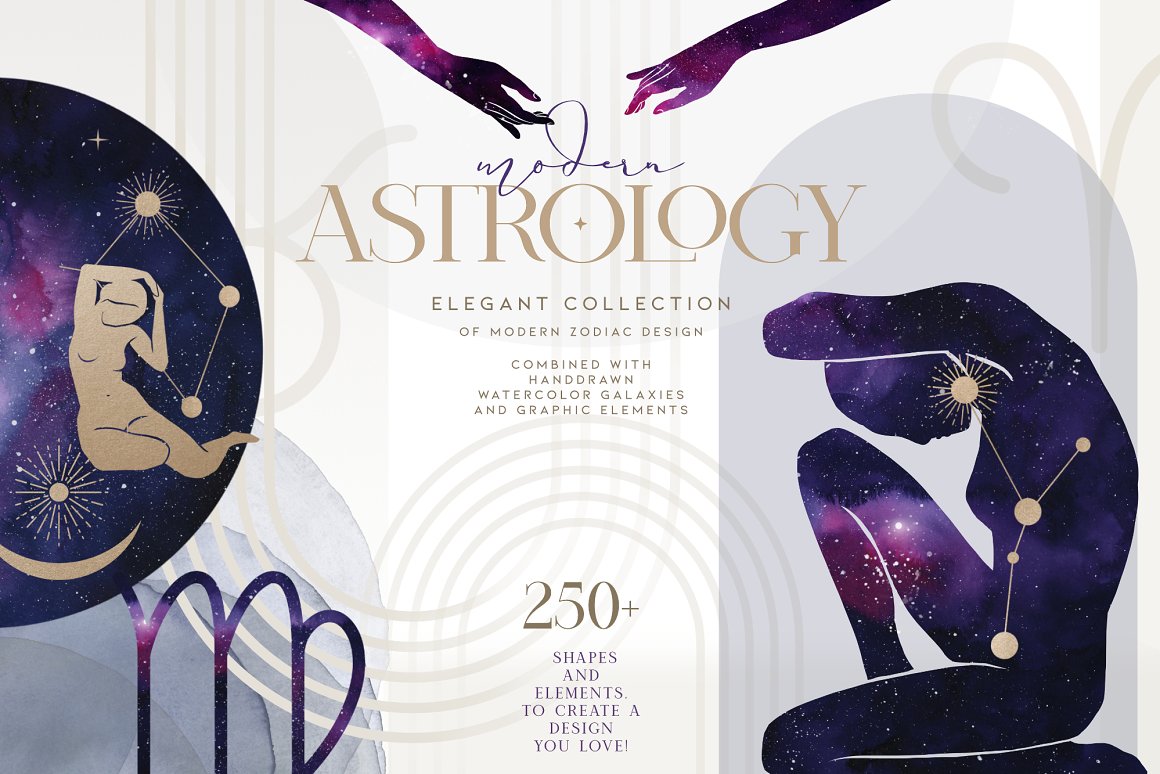 Purple lettering "Modern" and beige letttering "Astrology" and different galaxy illustrations on a gray background.