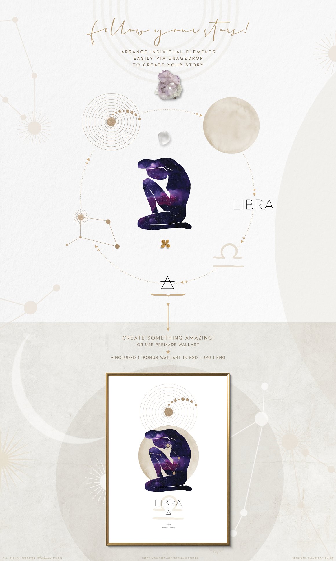 Beige lettering "Follow your stay!" and different galaxy illustrations of zodiac sign and constellations - Libra on a gray background.