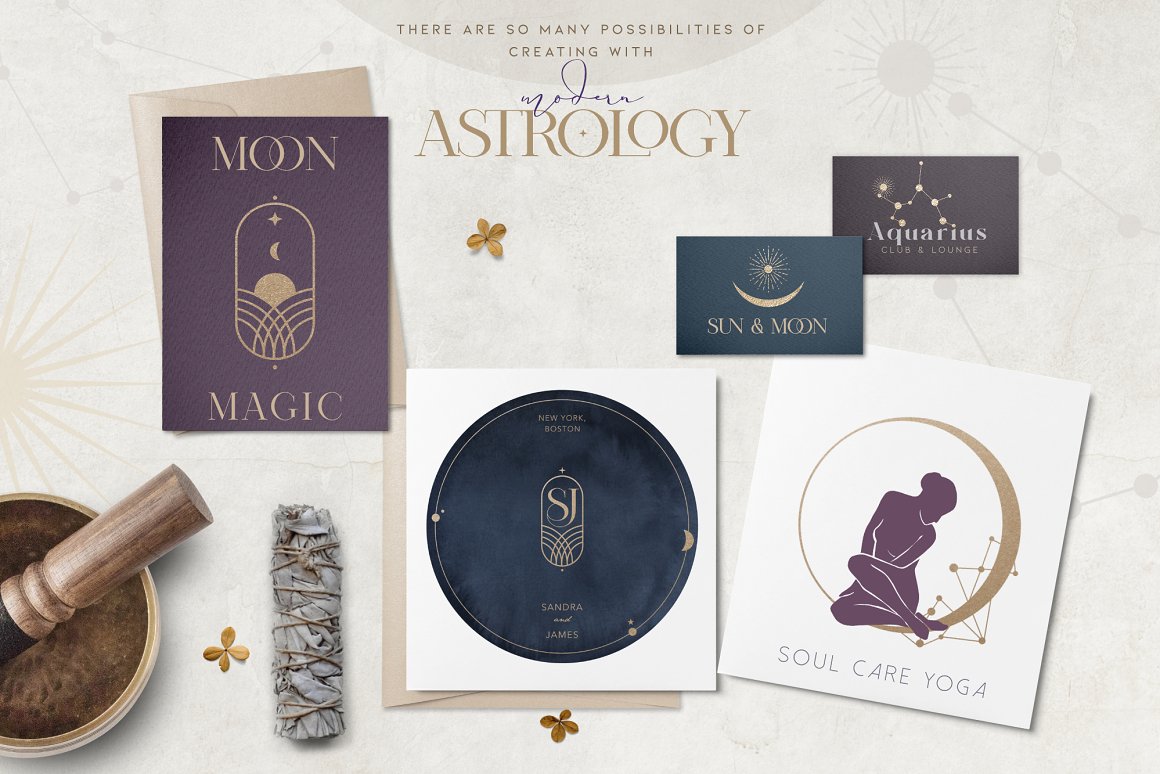 Purple lettering "Modern" and beige lettering "Astrology" and a set of 5 different posters cards with galaxy illustrations of zodiacs signs on a gray background.