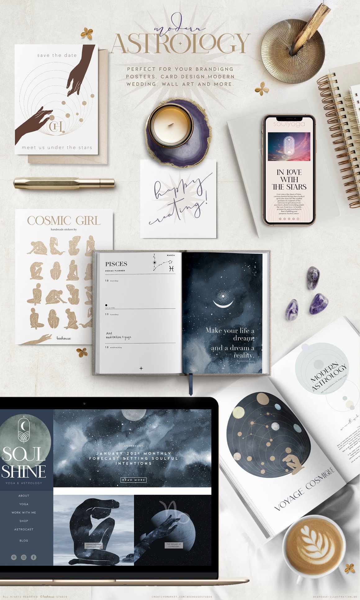 Purple lettering "Modern" and beige lettering "Astrology" and a set of different posters cards with illustrations of zodiacs signs and mockups Iphone and MacBook on a gray background.