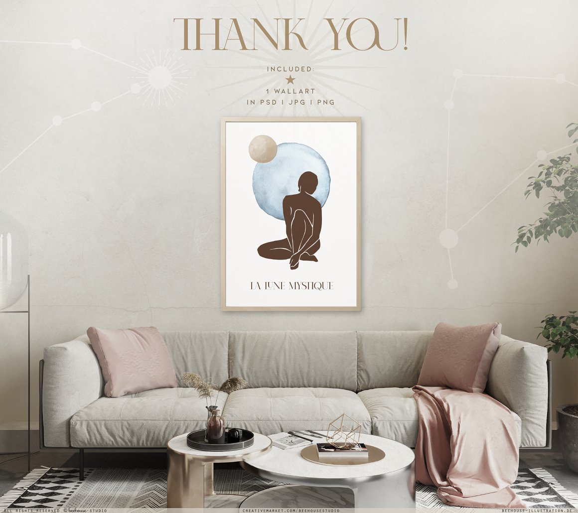 Beige lettering "Thabk you!" and room interior with painting in beige frame.