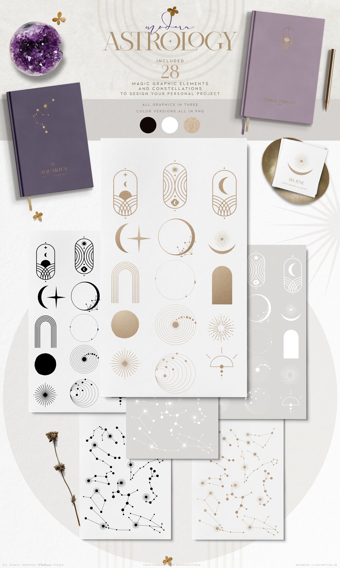 Purple lettering "Modern" and beige letttering "Astrology" and a set of 28 different magic graphic elements and constellations to design your personal project on a gray background.