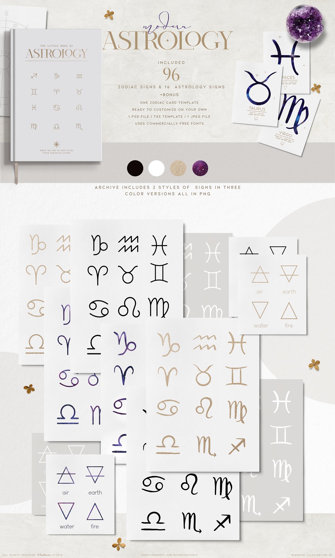 Purple lettering "Modern" and beige letttering "Astrology" and a set of 96 zodiac signs & 16 astrology signs + bonus - one zodiac card template on a gray background.