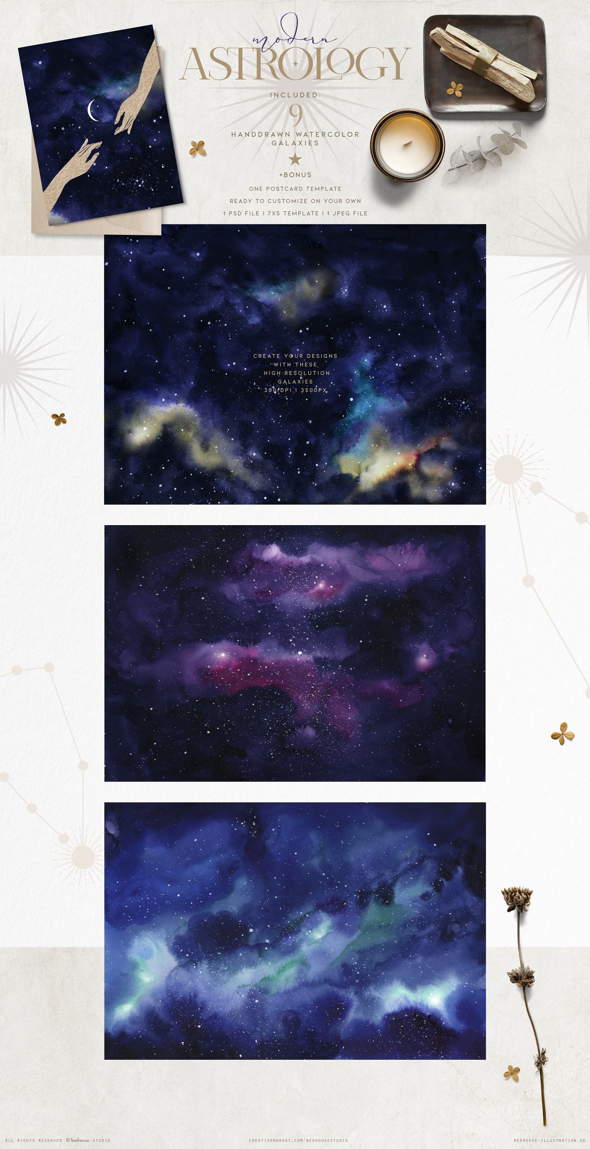 Purple lettering "Modern" and beige letttering "Astrology" and a set of 9 different handdrawn watercolor galaxies on a gray background.