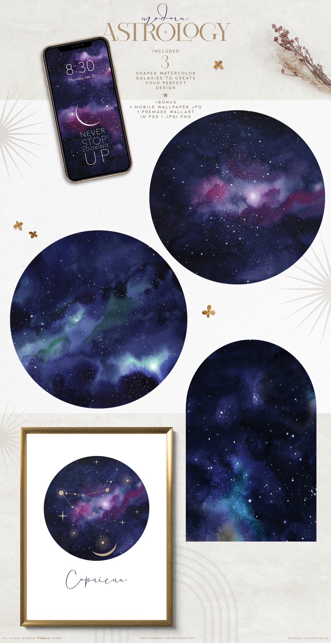 Purple lettering "Modern" and beige letttering "Astrology" and a set of 3 different shaped watercolor galaxies to create your perfect design on a gray background.