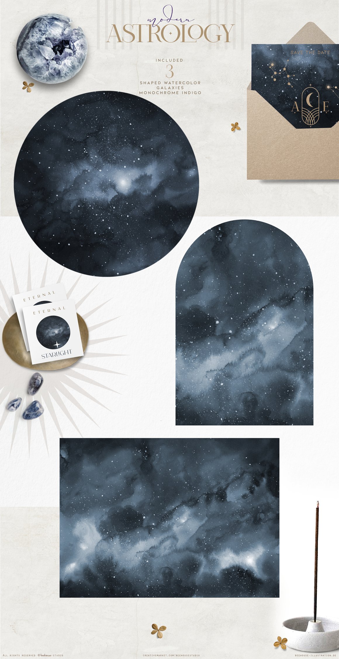 Purple lettering "Modern" and beige letttering "Astrology" and a set of 3 different shaped watercolor galaxies monochrome indigo on a gray background.