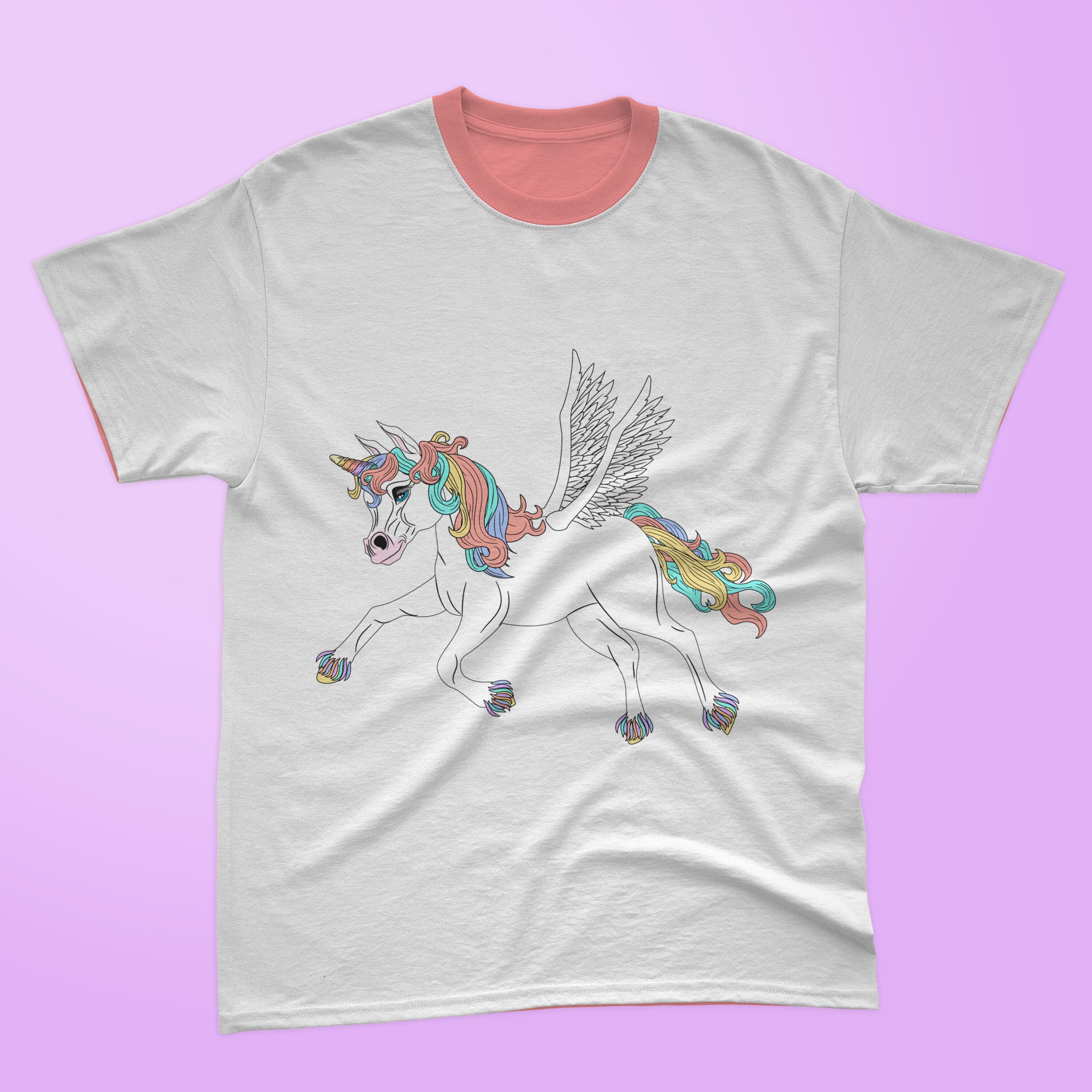 Gray t-shirt with a pink collar and a magical flying unicorn on a lavender background.