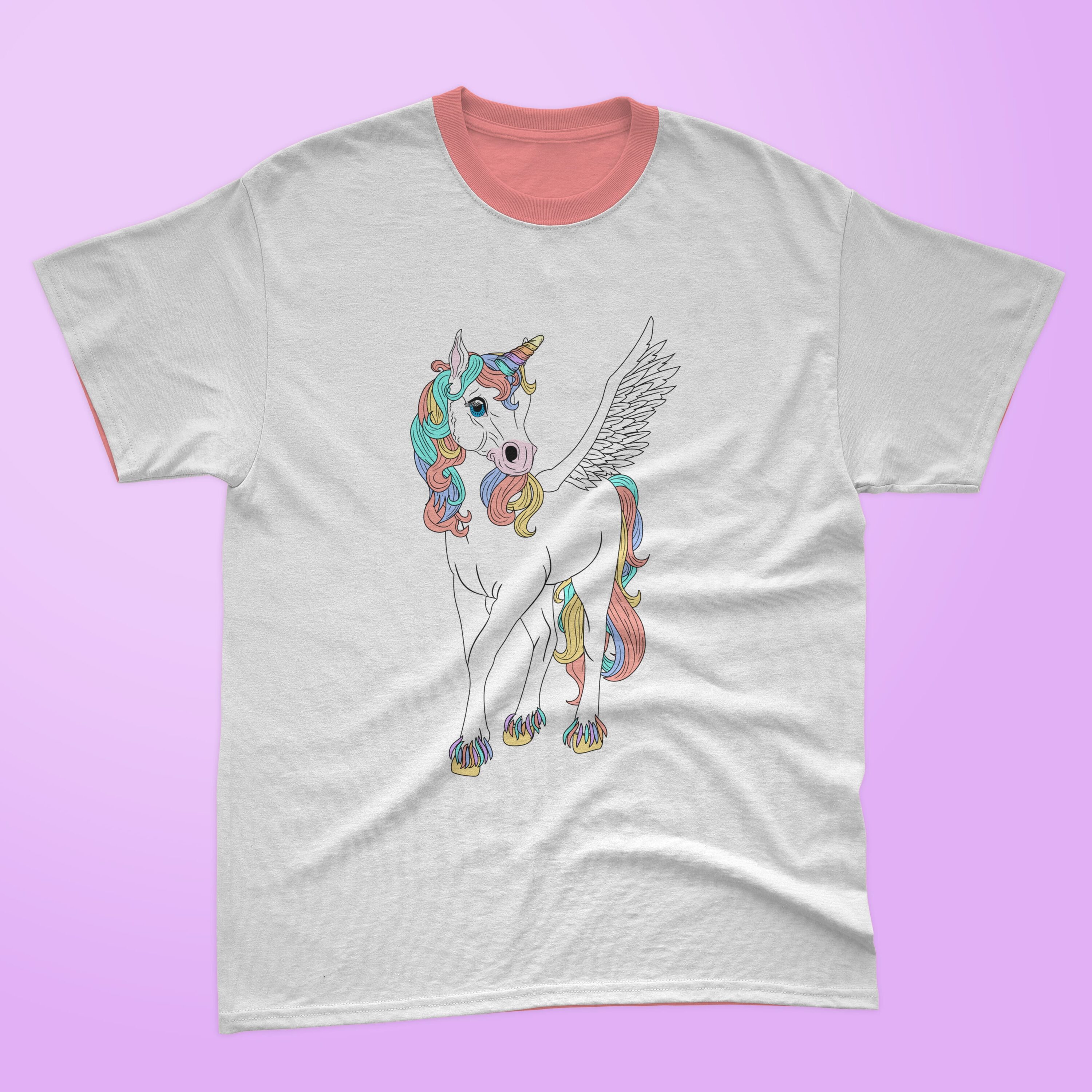 Gray t-shirt with a pink collar and a magical unicorn on a lavender background.