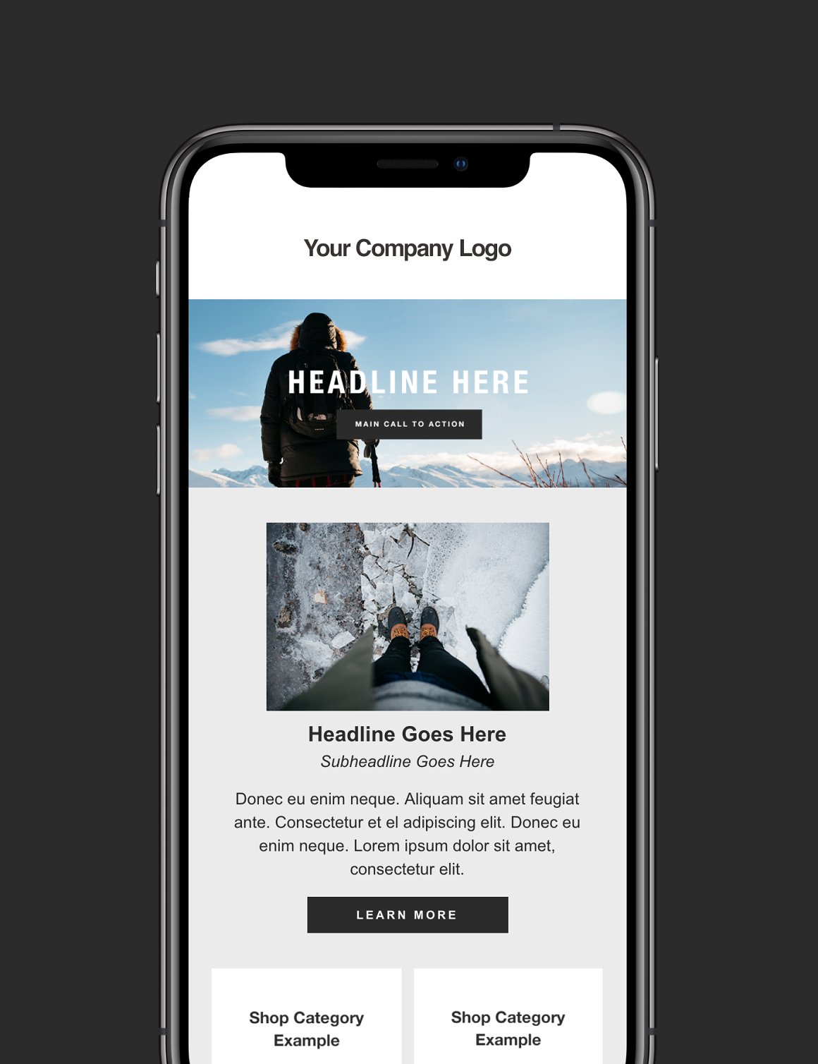 Image of amazing email design template on mobile phone screen.
