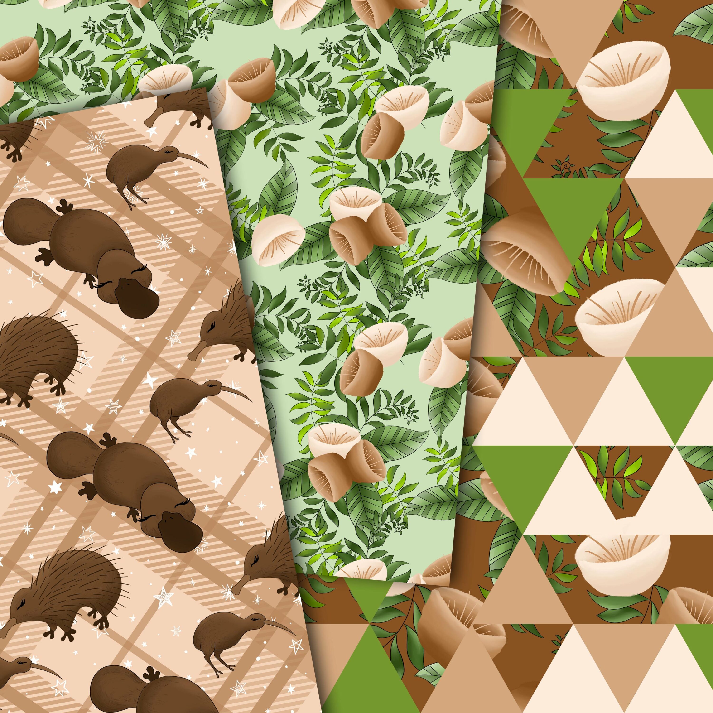 Nice green and brown patterns collection with the animals and nuts.