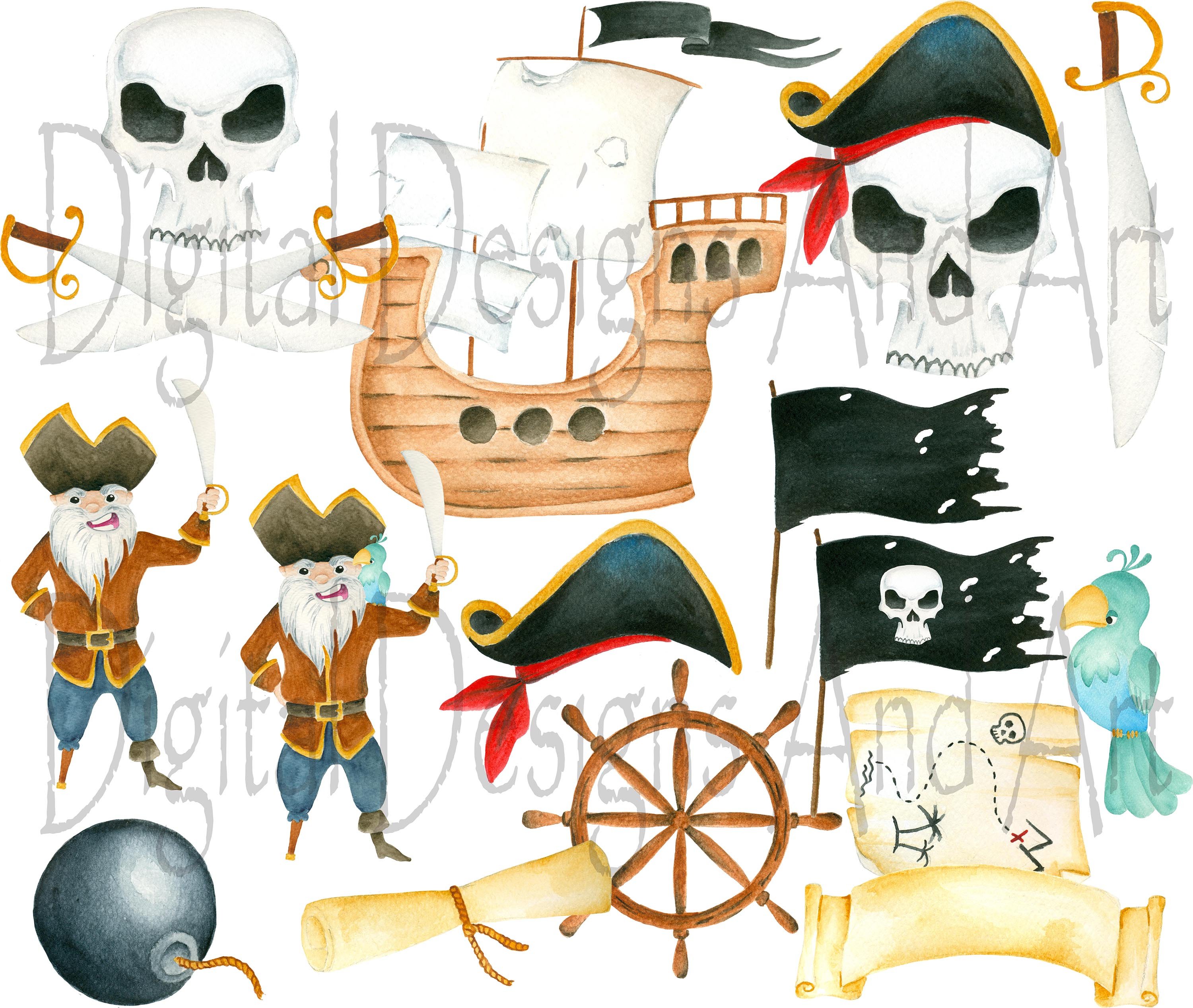 Watercolor high quality pirate's elements.