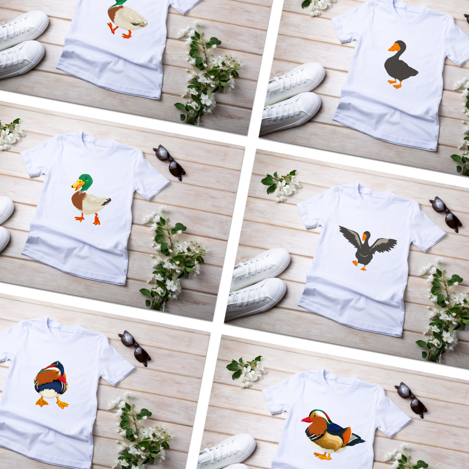 Collection of images of t-shirts with cute mallard duck prints.