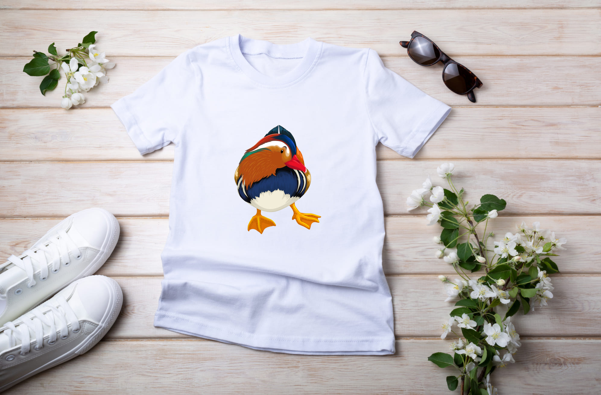 Picture of a white t-shirt with a wonderful mallard duck print.