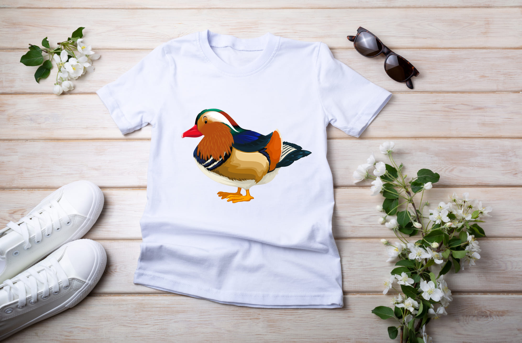 Image of a white t-shirt with an irresistible mallard duck print.