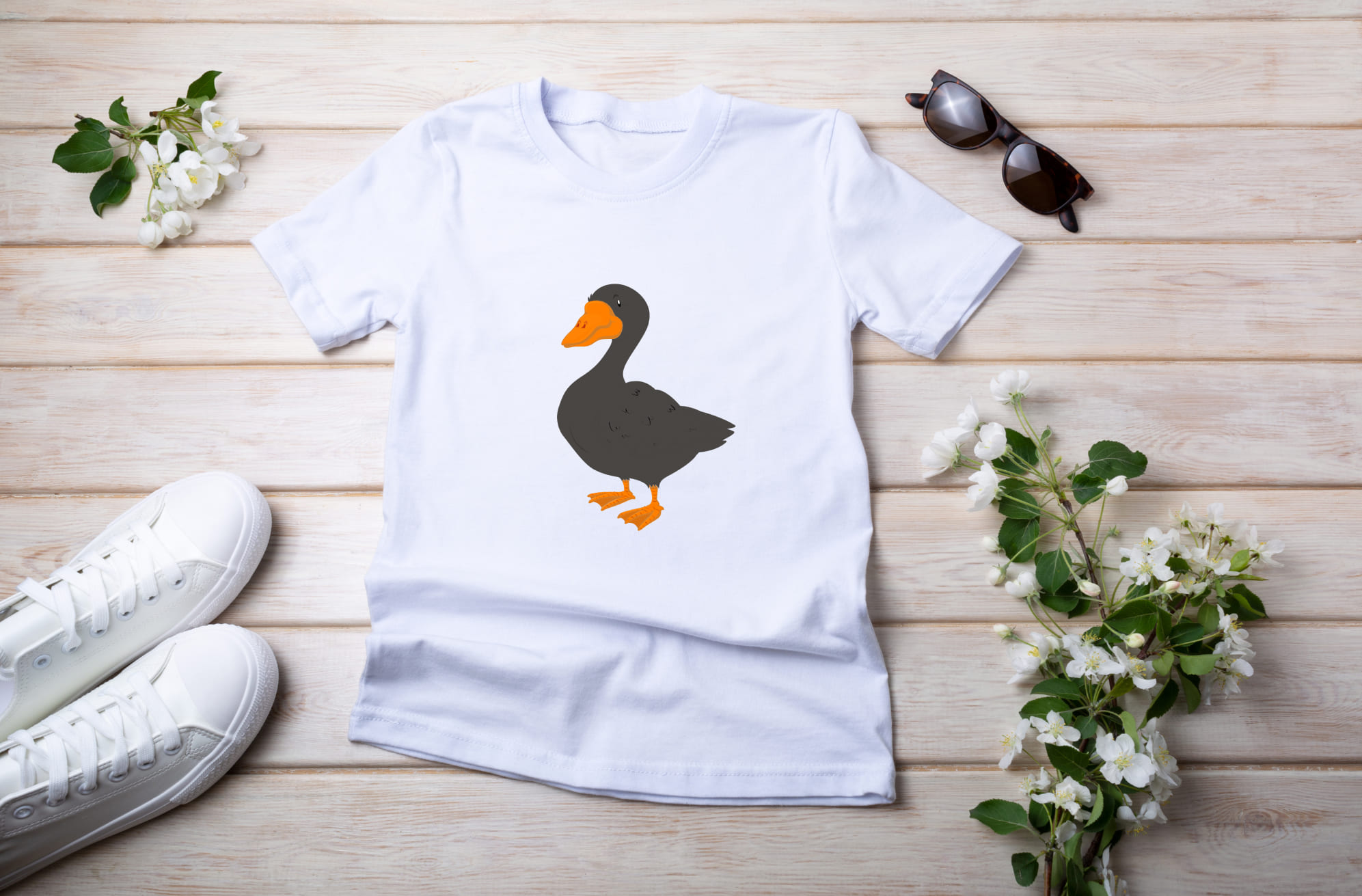 Image of white t-shirt with amazing mallard duck print.