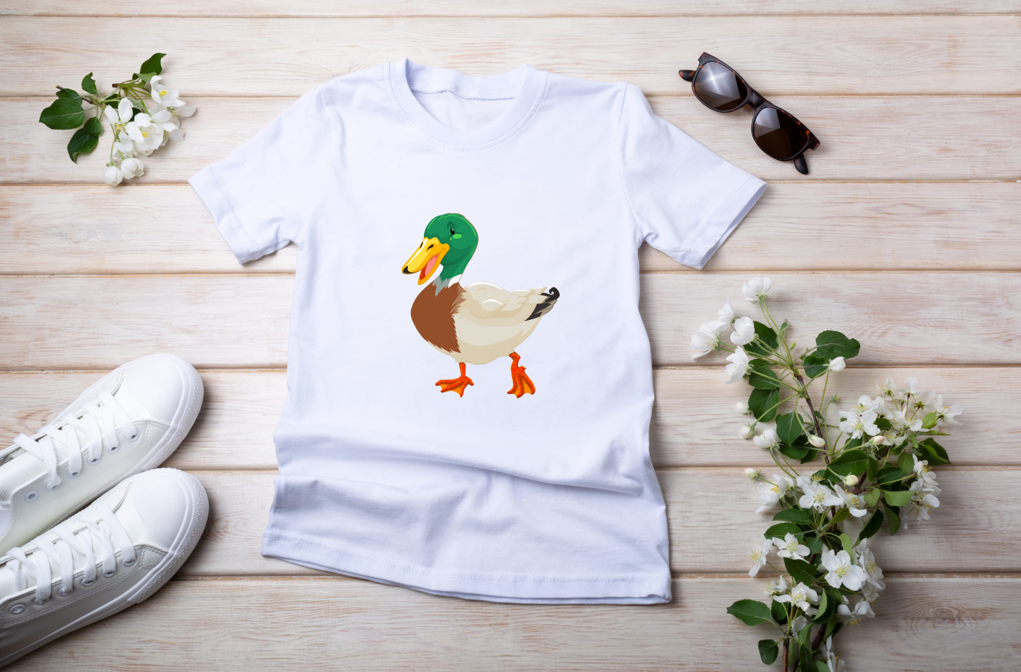Picture of a white t-shirt with a unique mallard duck print.