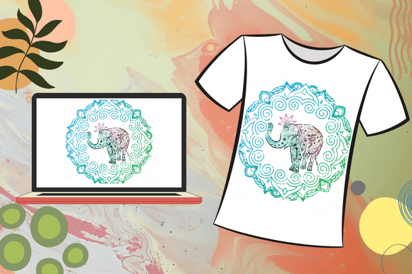 White t-shirt with the mandala elephant illustration.