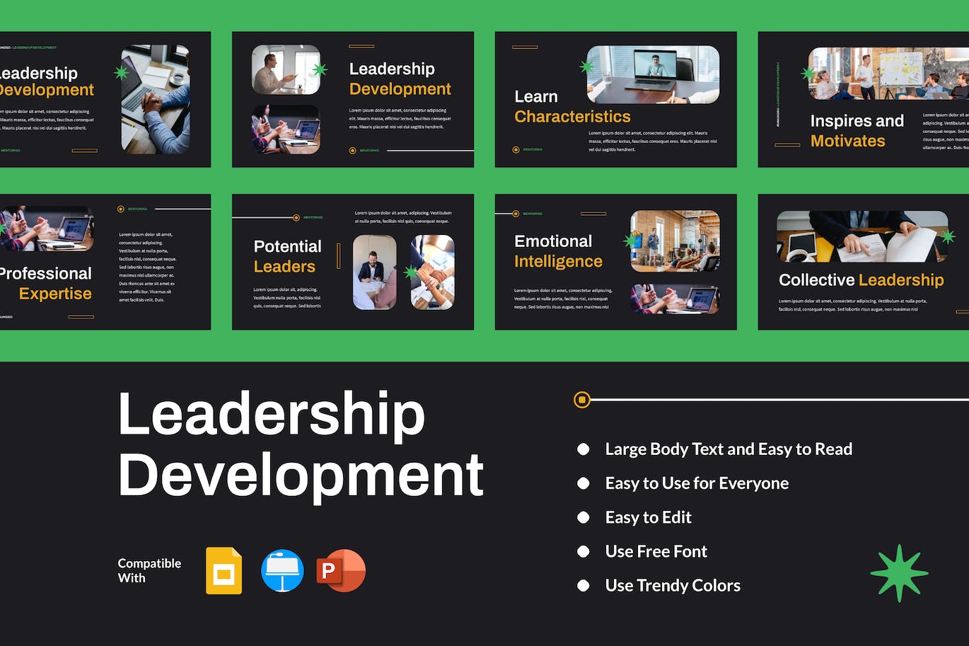 Collection of images of colorful presentation template slides with black background on the theme of leadership.