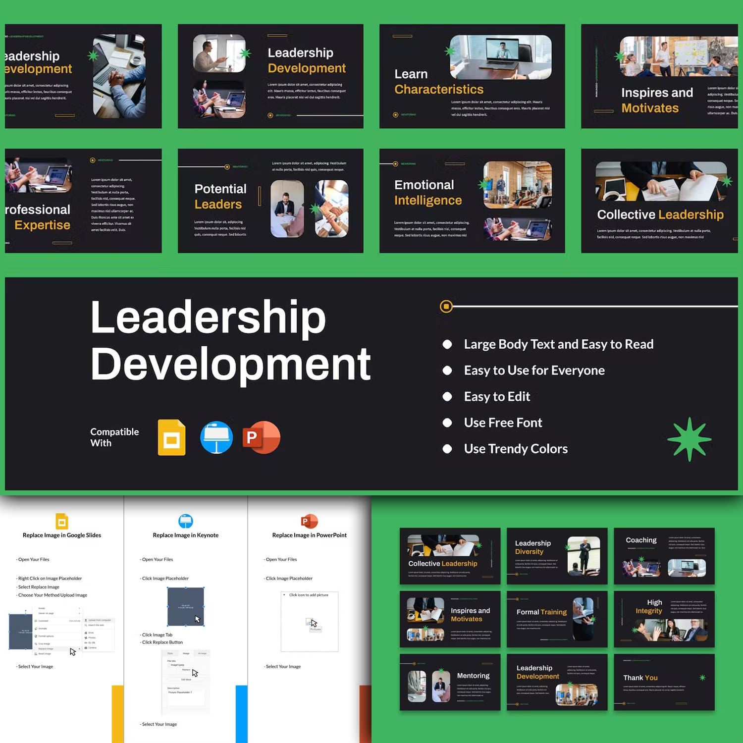 A selection of images of charming presentation template slides with a black background on the theme of leadership.