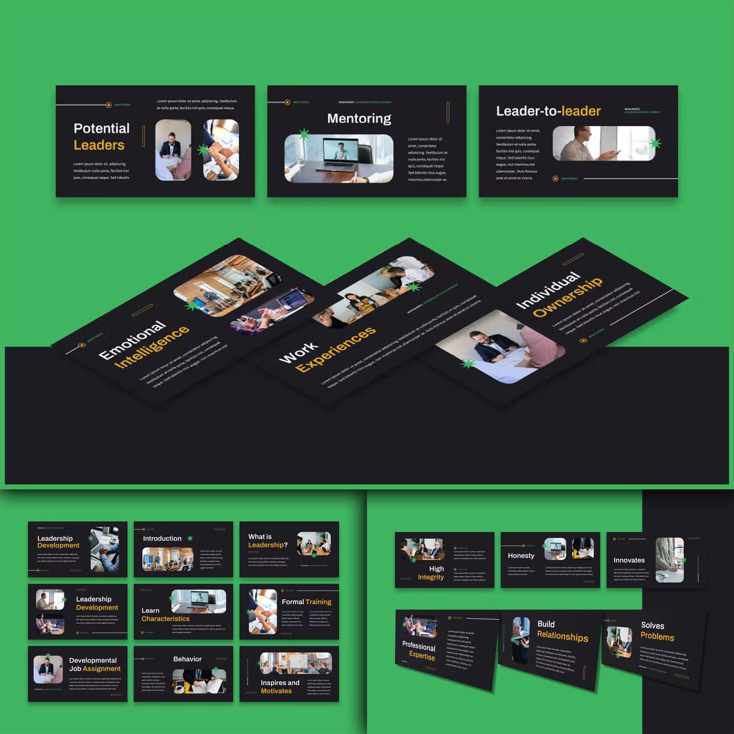 Bundle of images of beautiful presentation template slides with a black background on the topic of leadership.