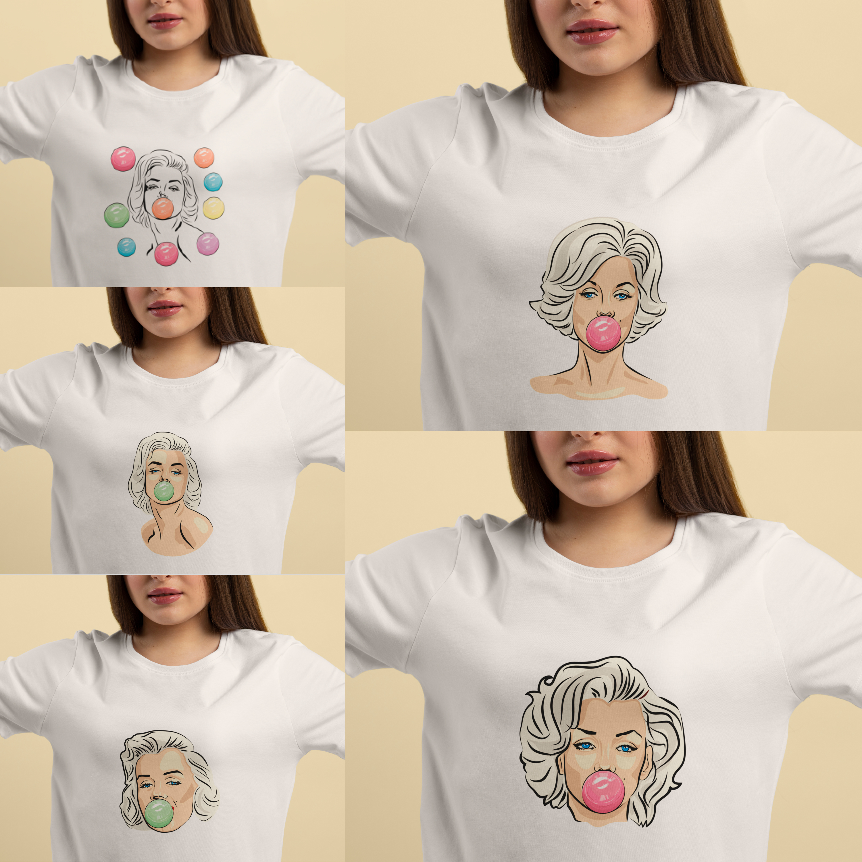 A set of images of t-shirts with a gorgeous print of Marilyn Monroe with bubble gum.