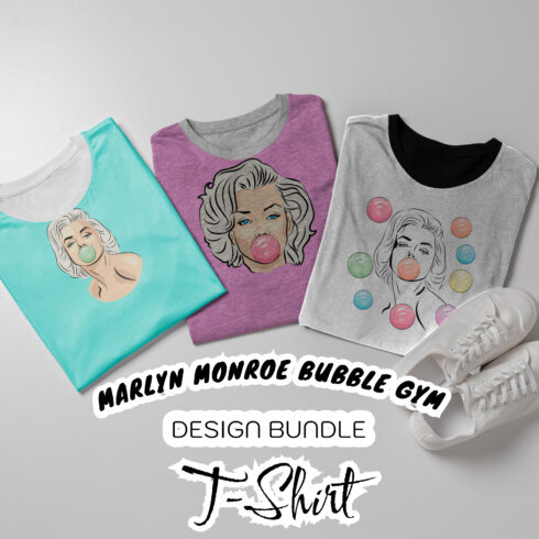A selection of images of t-shirts with an adorable print of Marilyn Monroe with bubble gum.