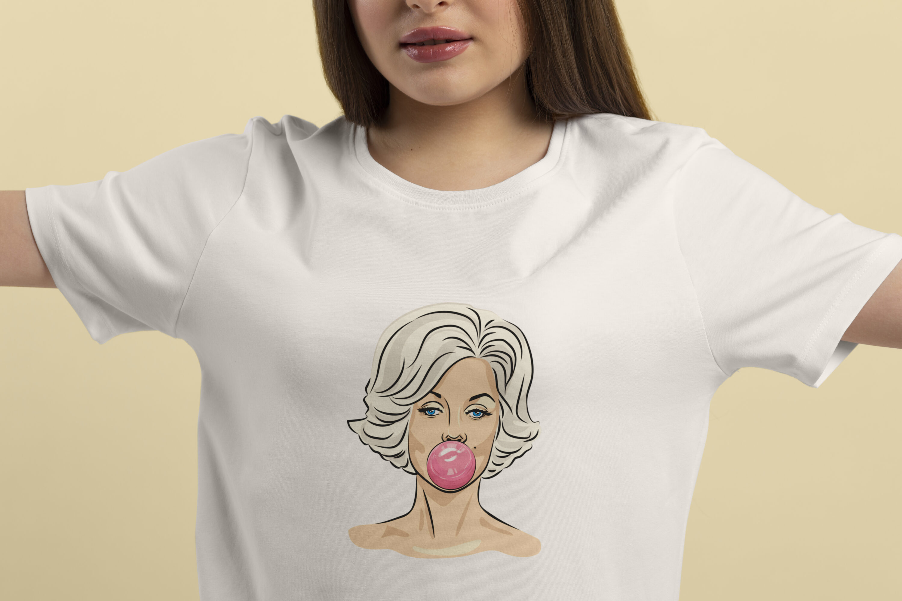 Image of white t-shirts with lovely print of Marilyn Monroe with bubble gum.