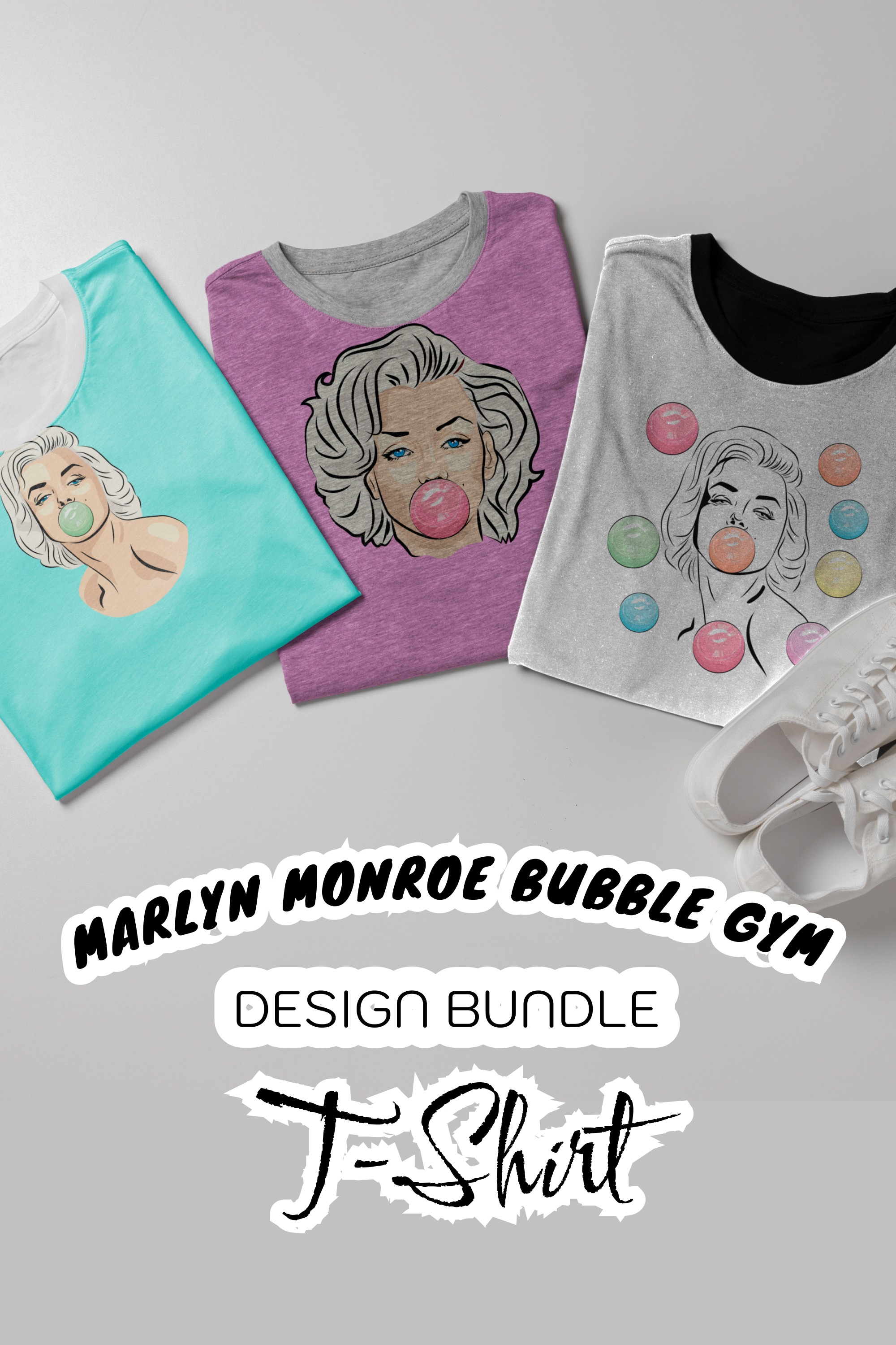 Collection of images of t-shirts with a beautiful print of Marilyn Monroe with bubble gum.
