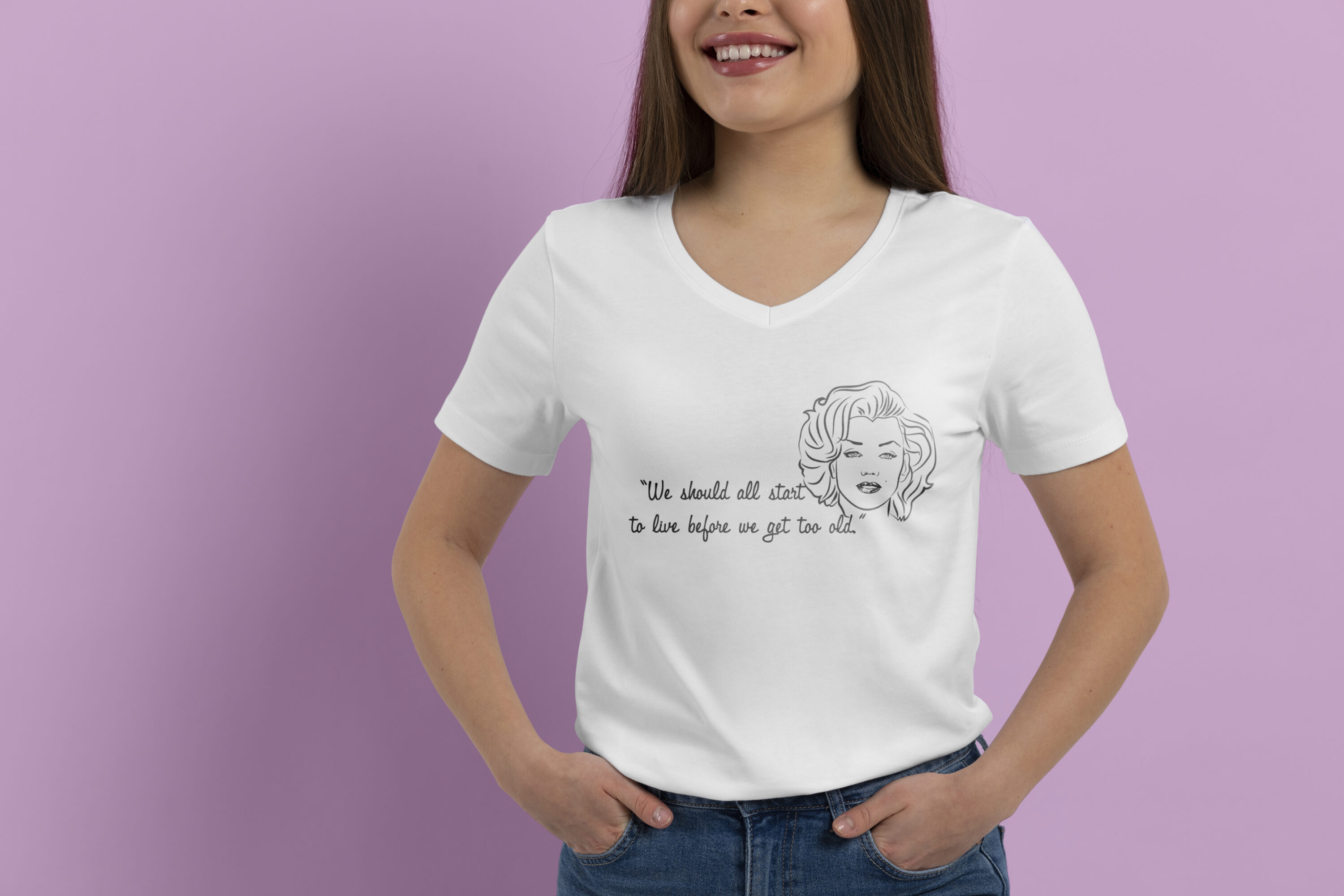 Images of a white t-shirt with a beautiful print of a quote by Marilyn Monroe.