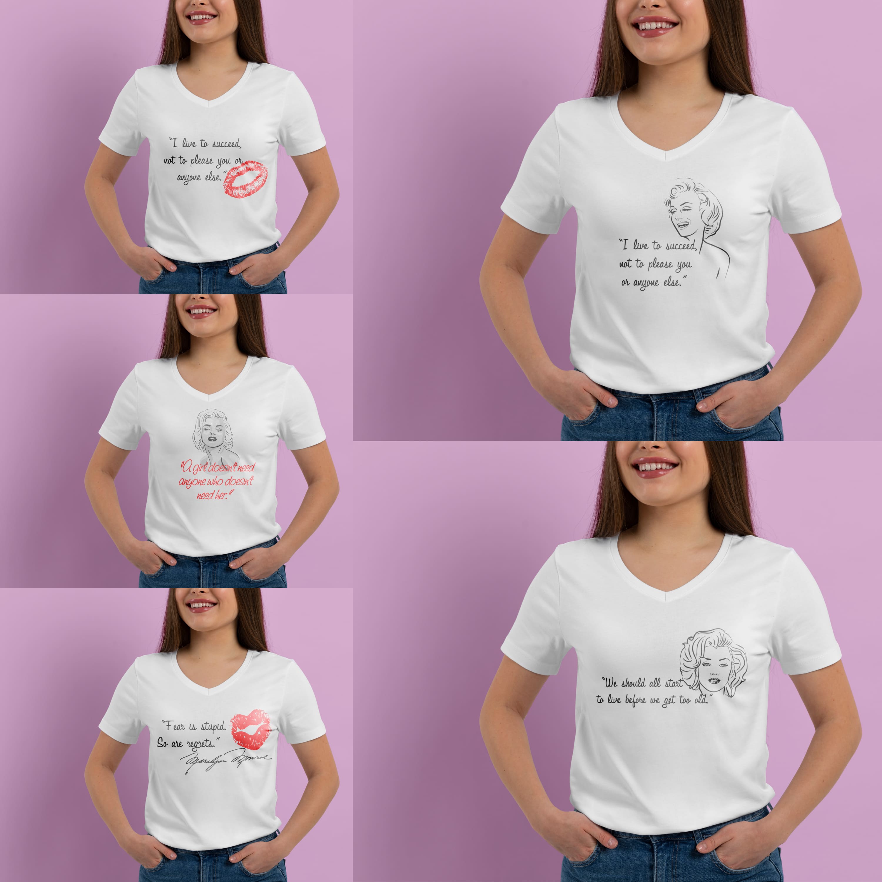 A collection of images of T-shirts with a gorgeous print of Marilyn Monroe quotes.