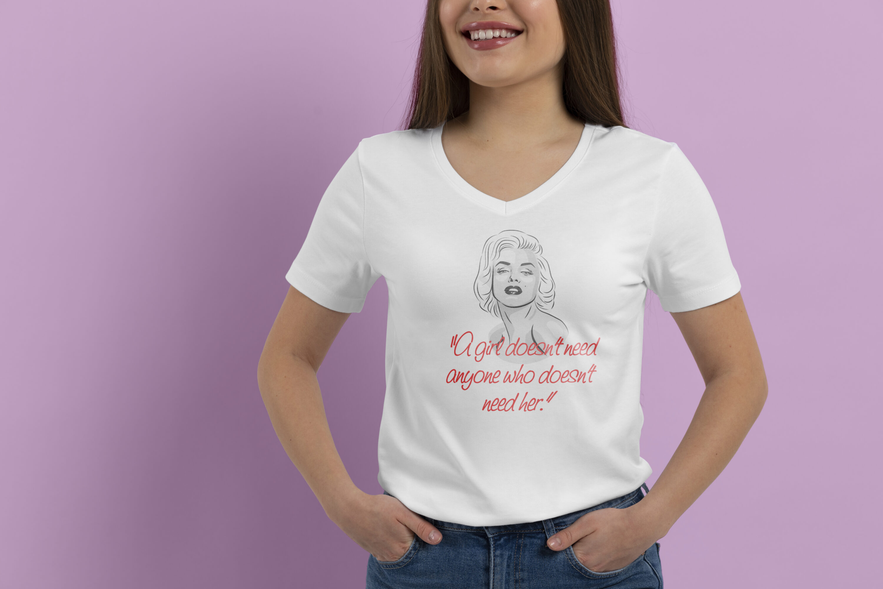 Images of a white t-shirt with an elegant print of the quote Marilyn Monroe.