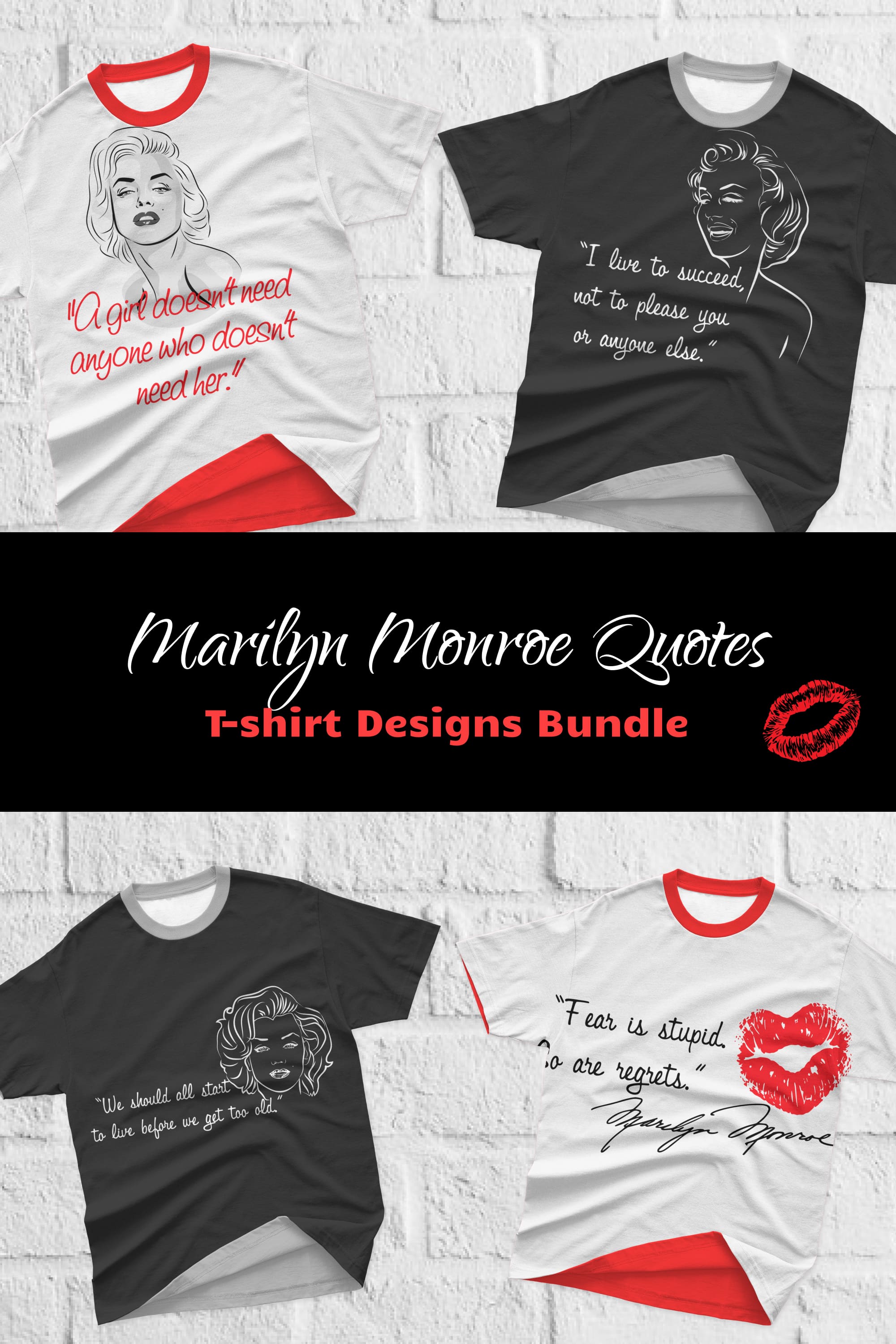 A selection of images of T-shirts with a beautiful print of Marilyn Monroe quotes.
