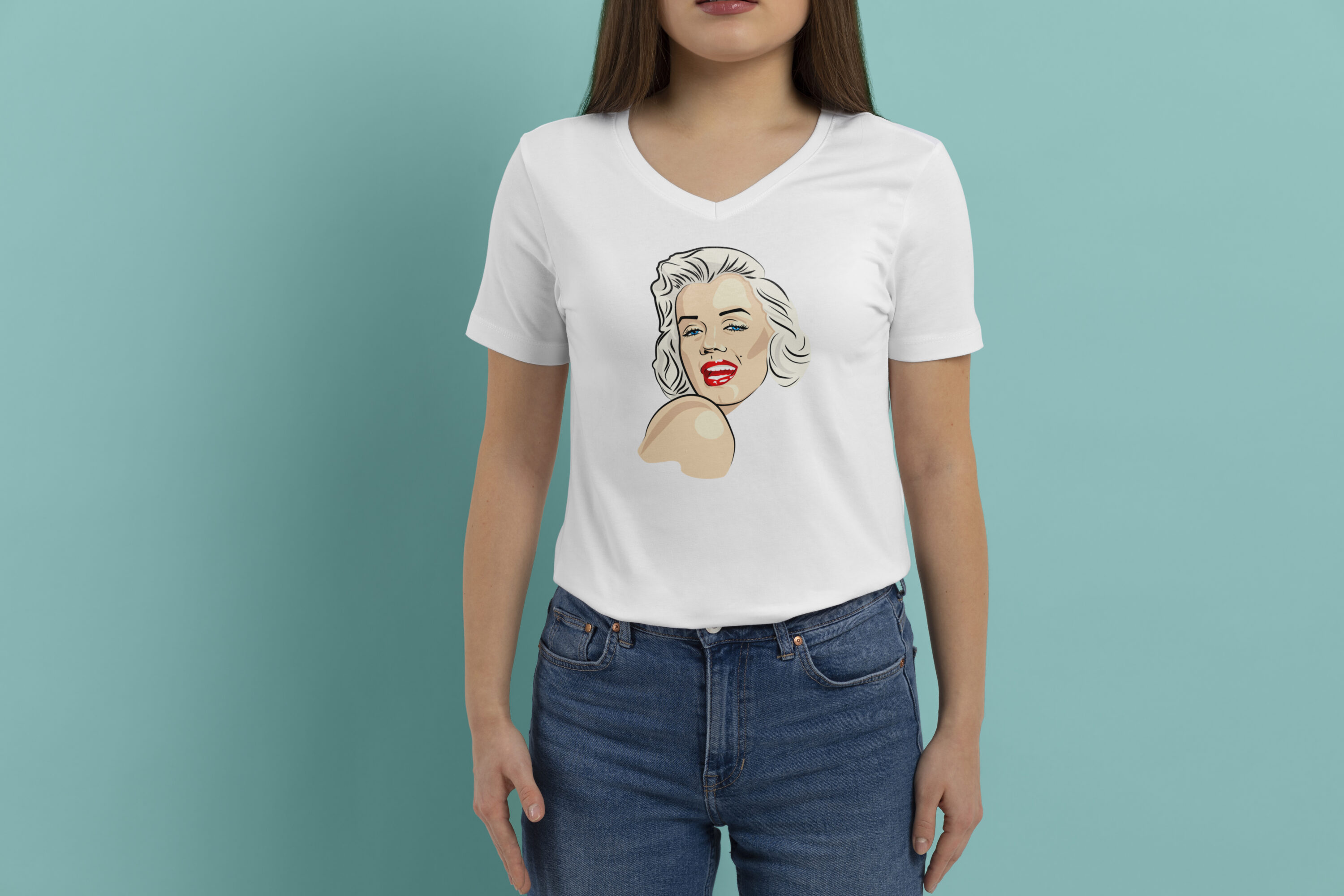Image of a white t-shirt with a beautiful print of Marilyn Monroe.