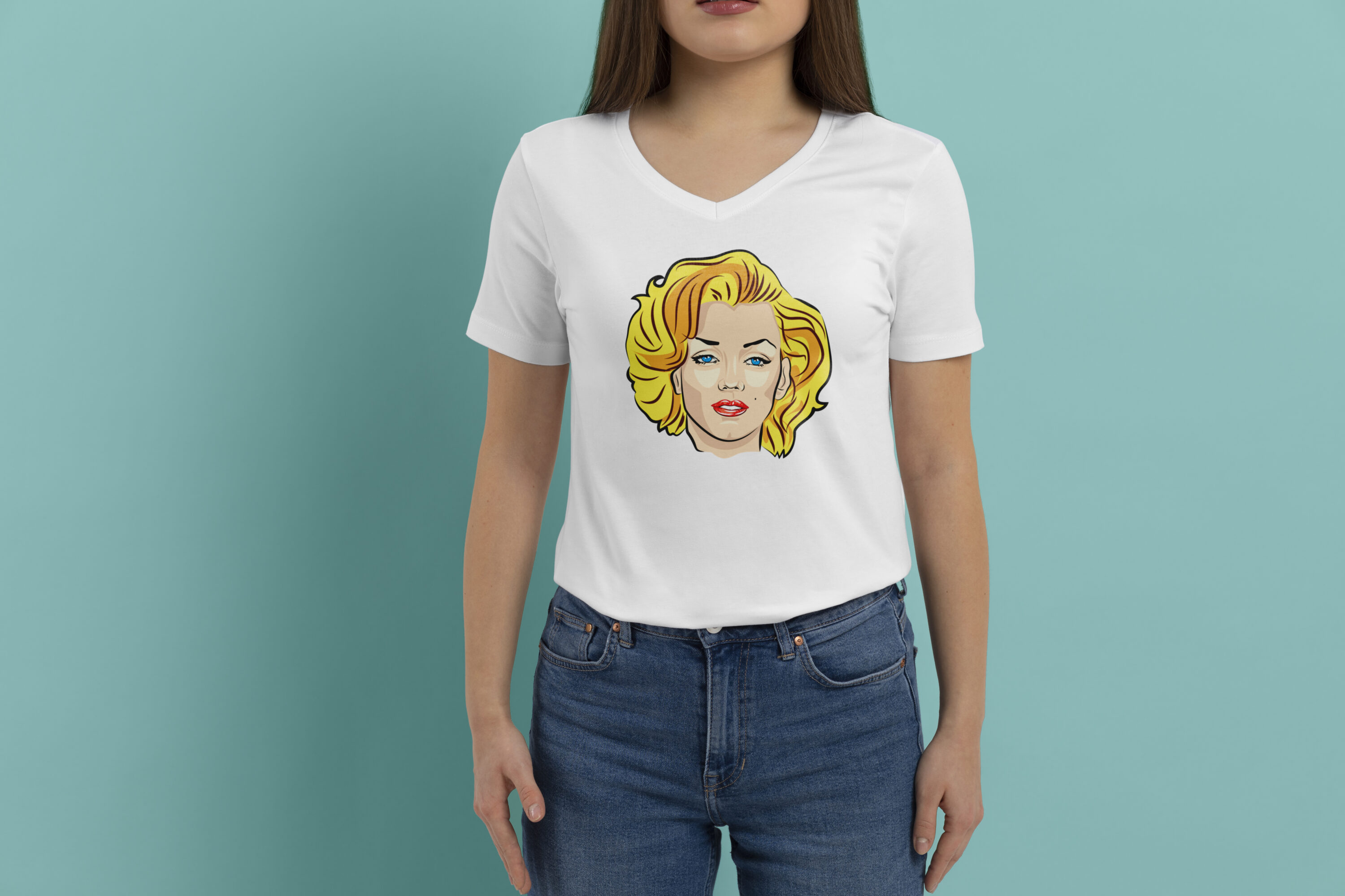 Image of a white t-shirt with a cartoon print of Marilyn Monroe.