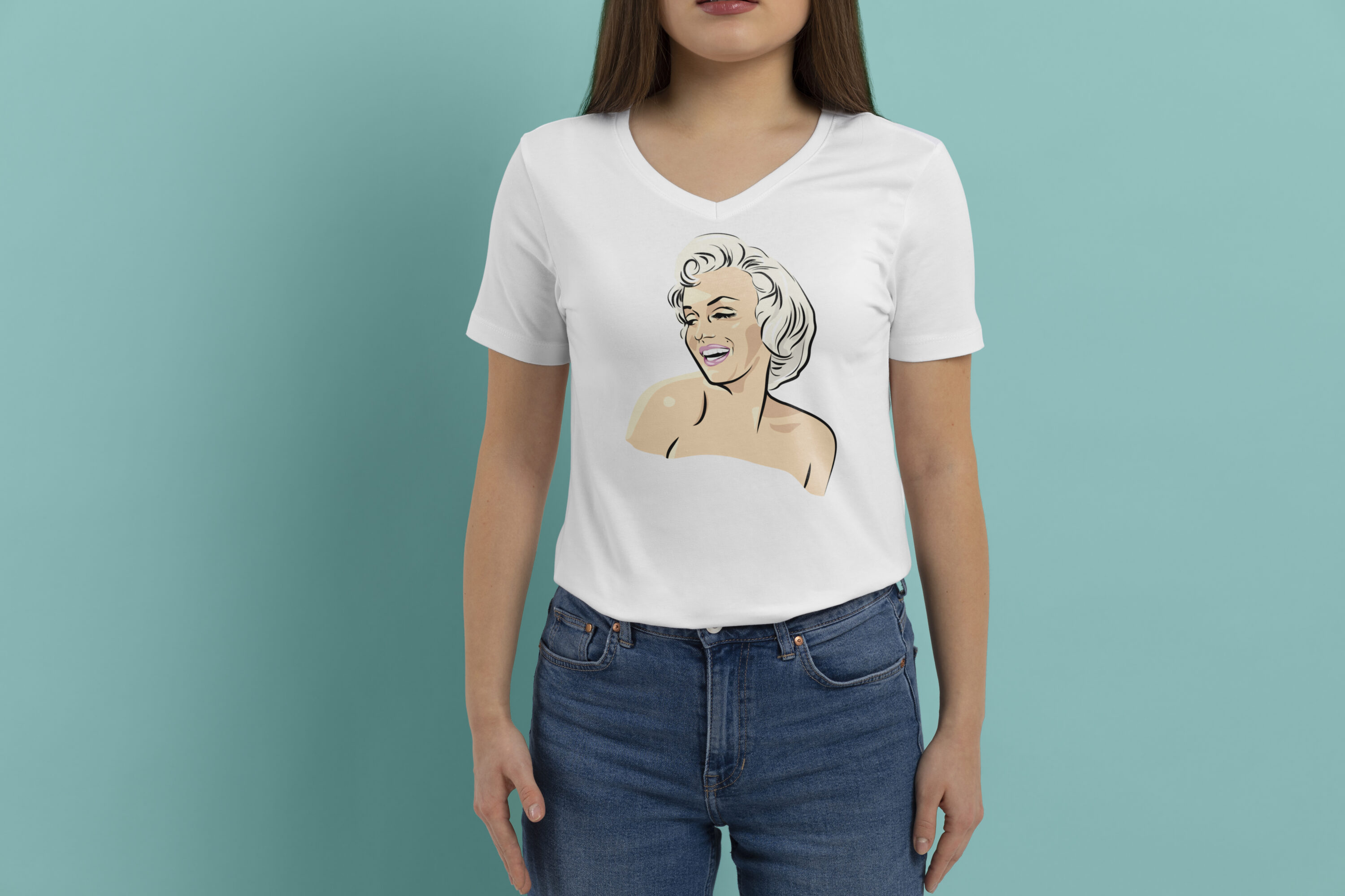 Image of a white t-shirt with a cartoon print of Marilyn Monroe.