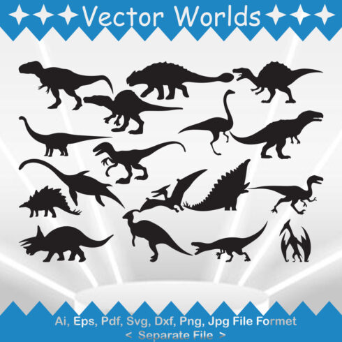 Set of silhouettes of dinosaurs on a blue and white background.