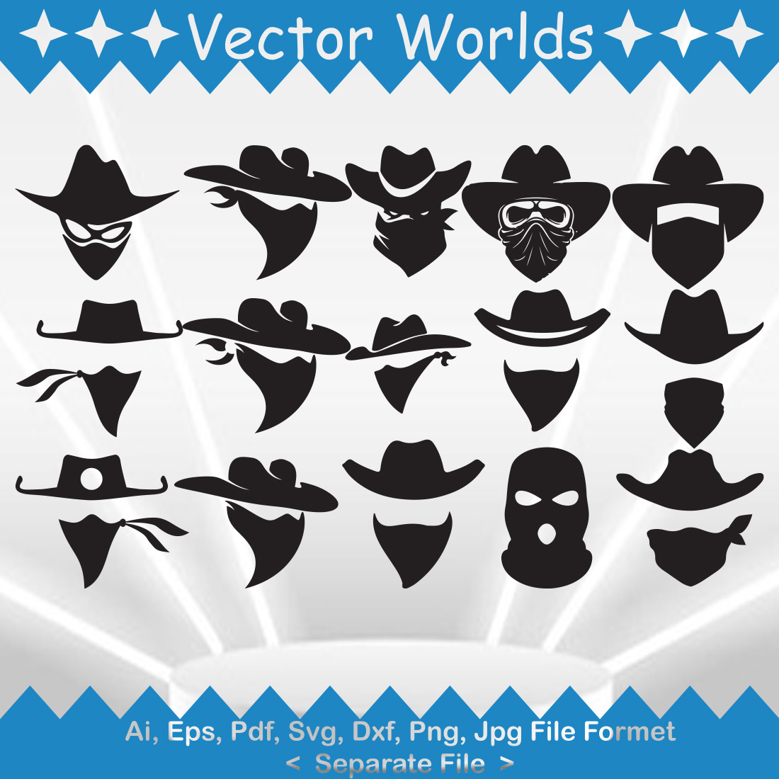 Pack of vector images of faces of bandits in cowboy hats and masks.