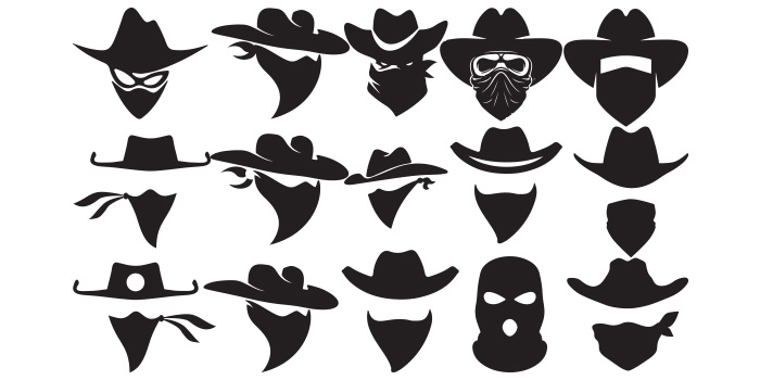 Set of colorful vector images of faces of bandits in cowboy hats and masks
