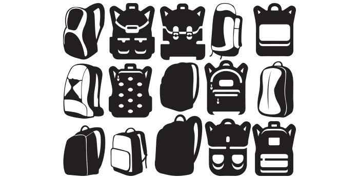 Bundle of colorful vector images of backpacks.