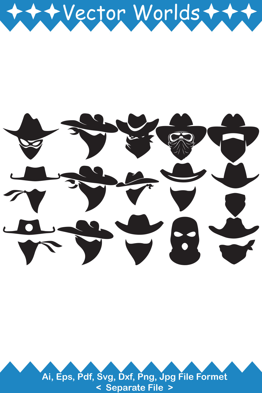 A selection of charming vector images of the faces of bandits in cowboy hats and masks.