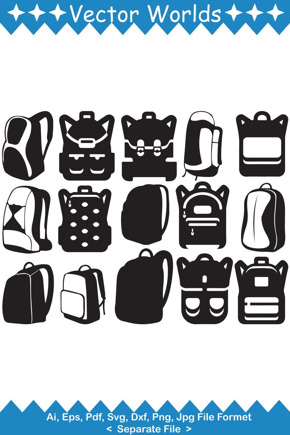 Pack of beautiful vector images of backpacks.