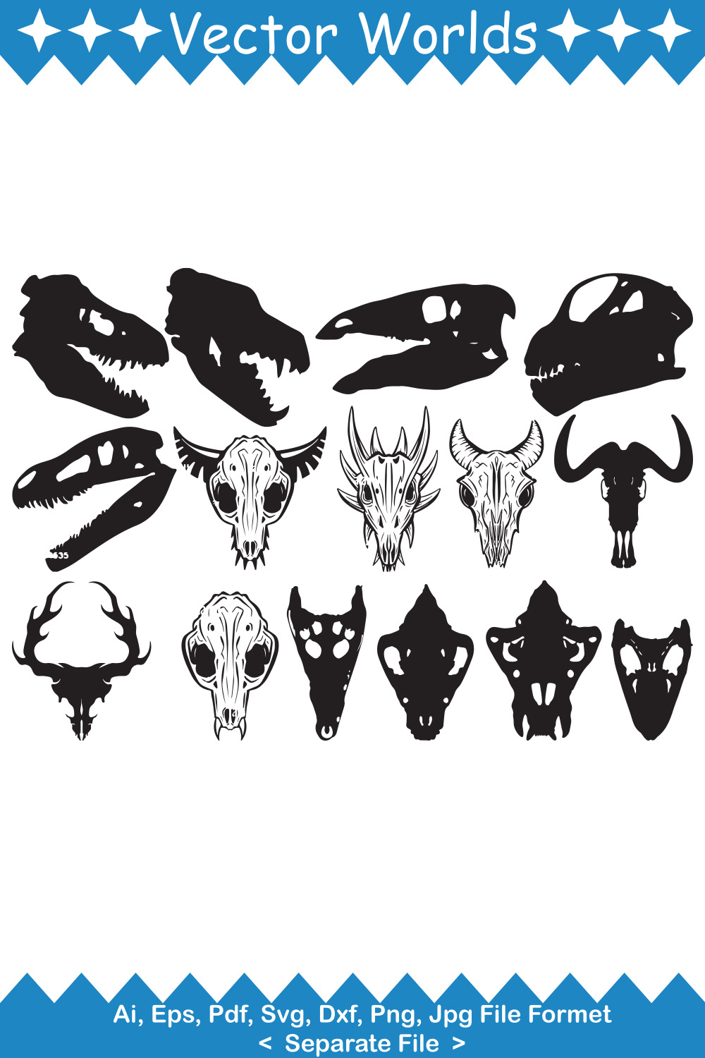 Set of silhouettes of different animal heads.