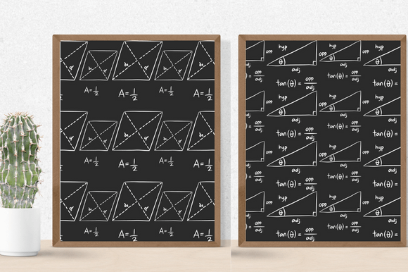 Two black posters with the white math illustrations.