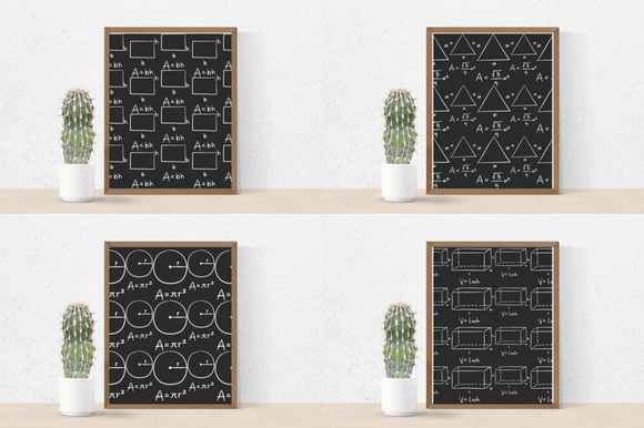 Four black posters with the white math graphics.